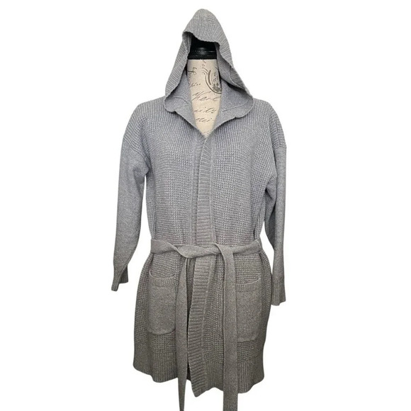 LL Bean All-day Waffle Knit Hooded Wrap Cardigan Sweater with Belt Size Large - Picture 1 of 7